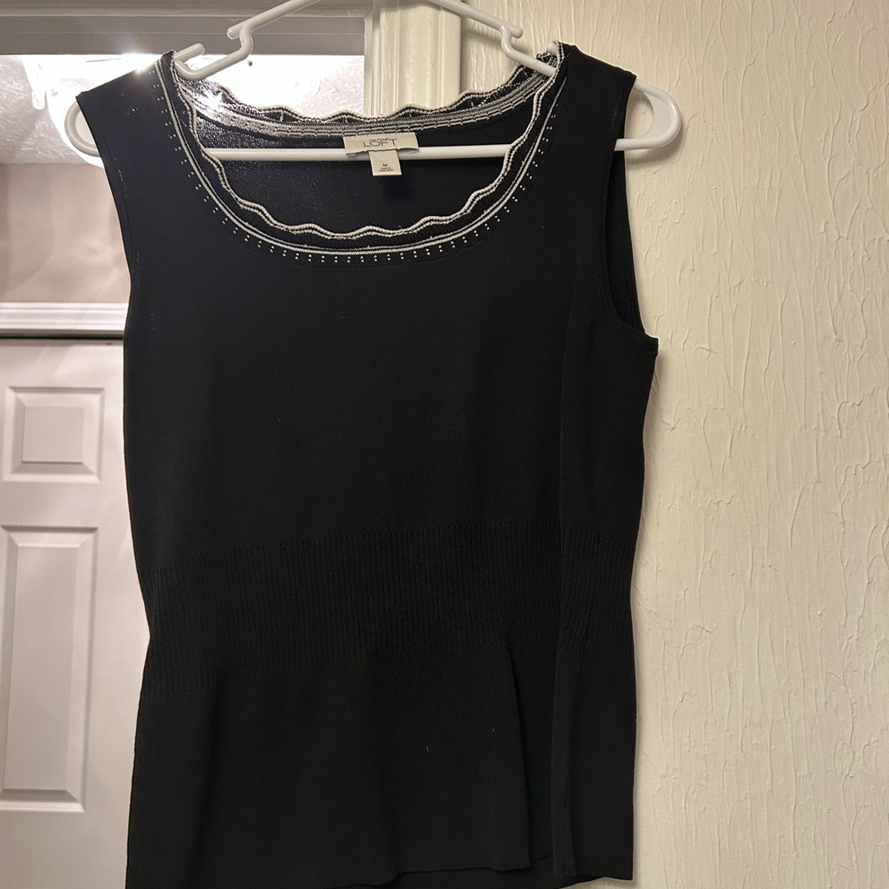 LOFT Black Tank Top with Embellished Neckline
